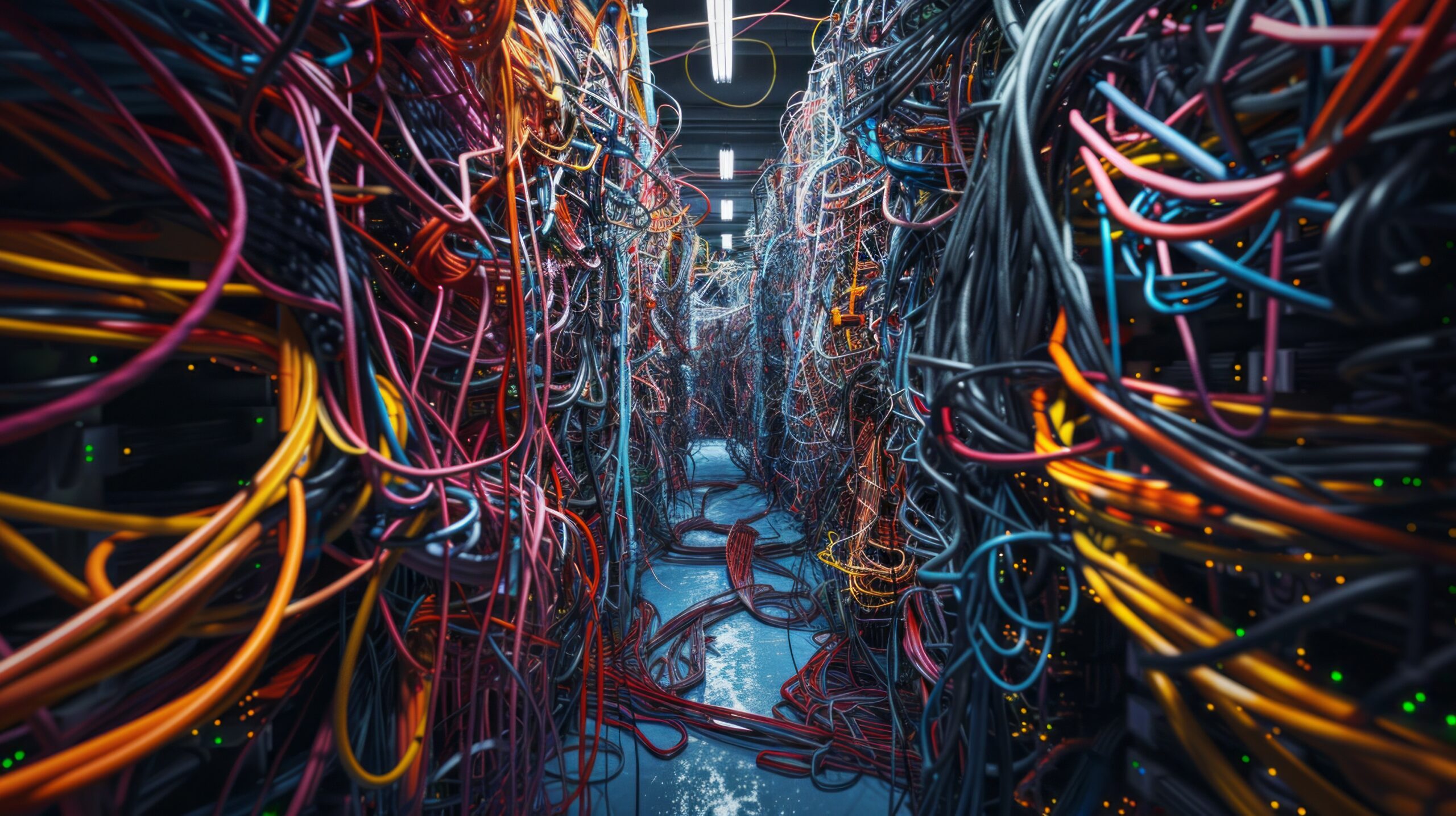 room full of tangled wires and cables